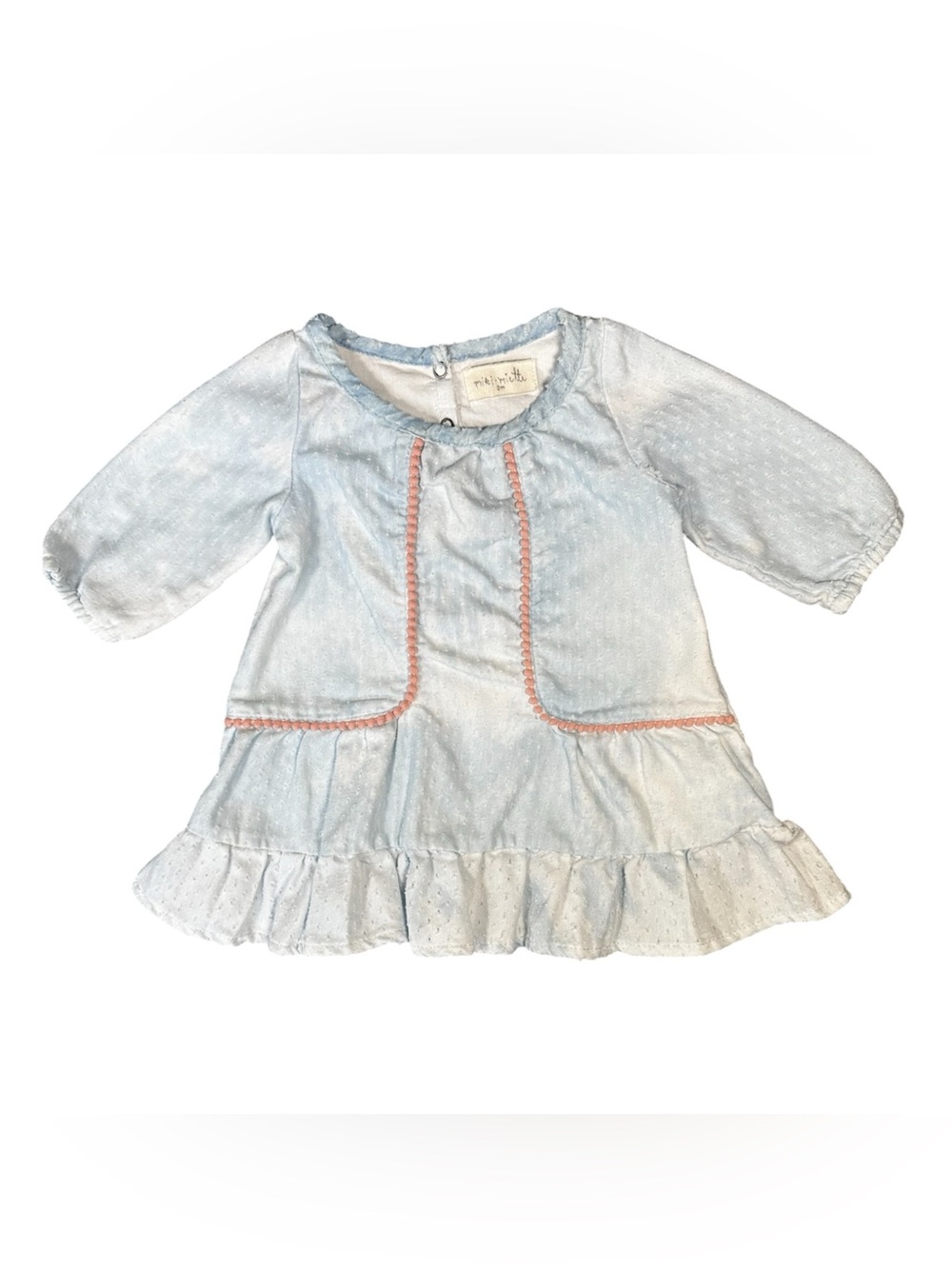 Light Blue Swiss Dot Baby Dress with Ruffle and Pink Trim